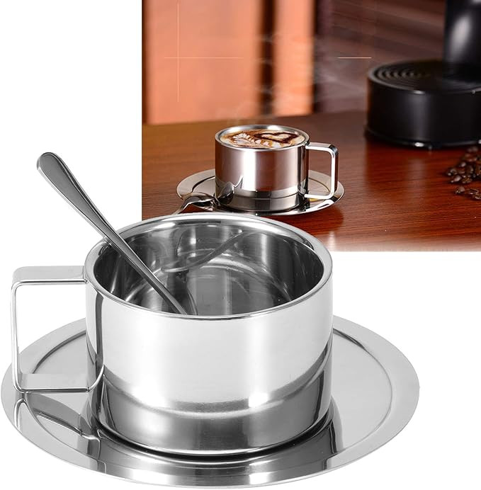 Coffee Cup Set Stainless Steel Double Wall Coffee Mug with Saucer Cup Spoon Handle Silver Coffee | Amazon (UK)