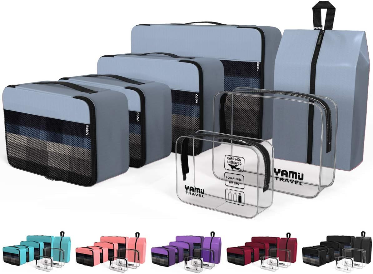YAMIU Packing Cubes 7-Pcs Travel Organizer Accessories with Shoe Bag and 2 Toiletry Bags(Grey) | Amazon (US)