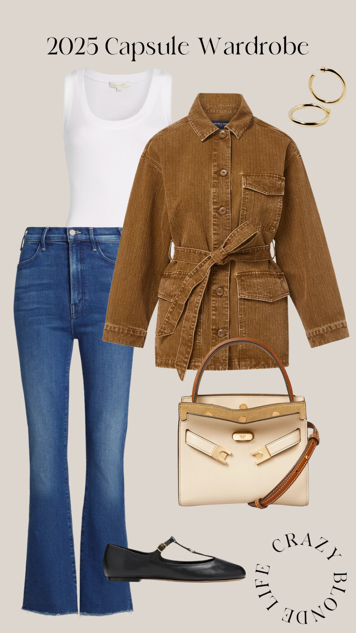 Early spring capsule wardrobe - brown tie-waist corduroy jacket, straight leg jeans, white tank, Tory Burch cream bag, gold hoop earrings, black ballet shoes 


#LTKItBag #LTKSeasonal #LTKStyleTip