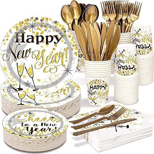 PAMMYAN 2022 Happy New Year Party Supplies Tableware Set - 150 PCS Disposable Dinnerware Tableclo... | Amazon (US)