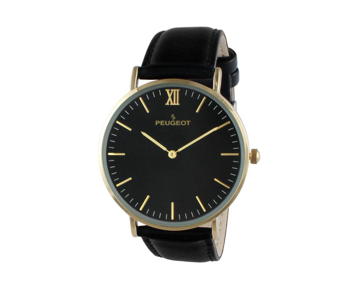 Peugeot Men's 40mm Black Dial Super Slim Leather Strap Watch - Black | Macy's