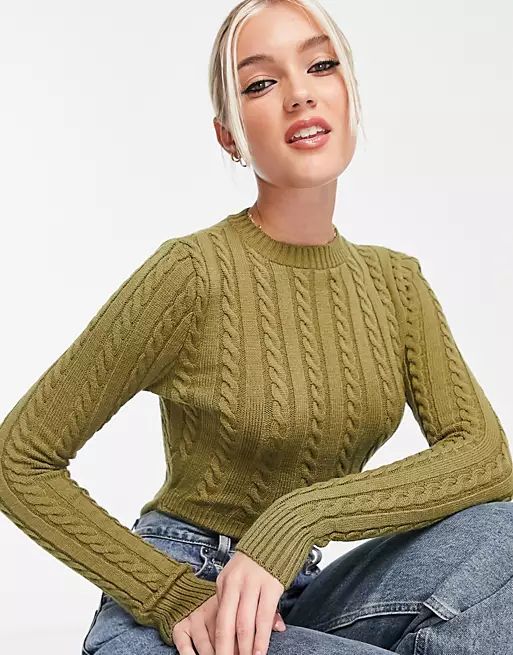 In The Style x Perrie Sian long sleeve cable knitted bodysuit in khaki | ASOS (Global)