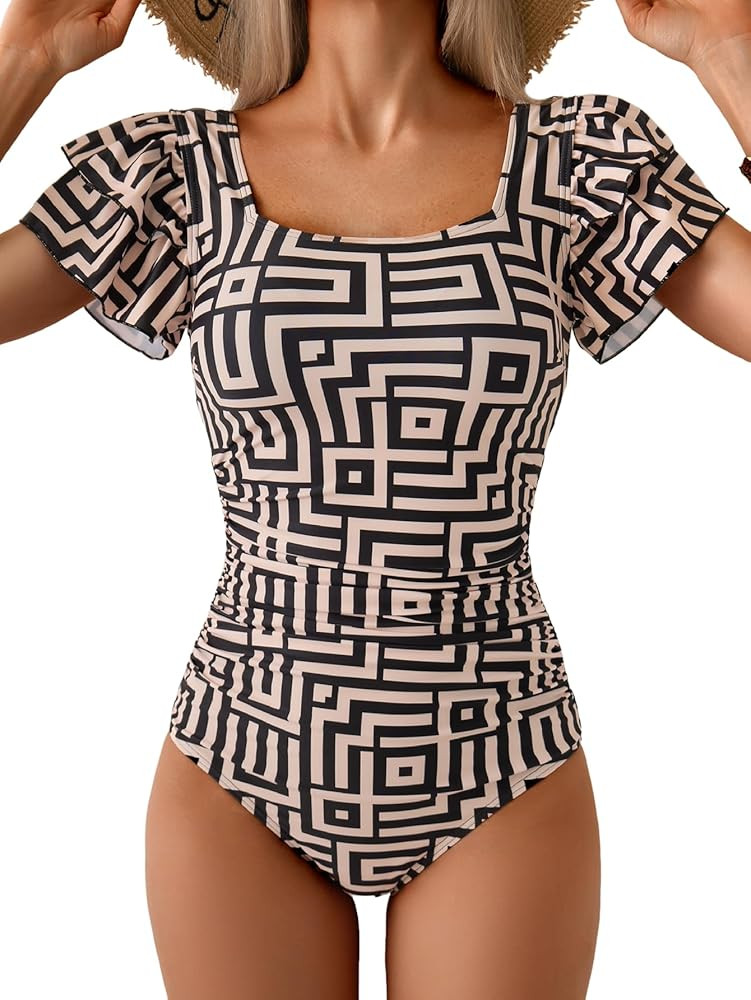 Eomenie Women's Tummy Control One Piece Swimsuit Ruffle Square Neck Bathing Suit Ruched Cutout Ba... | Amazon (US)