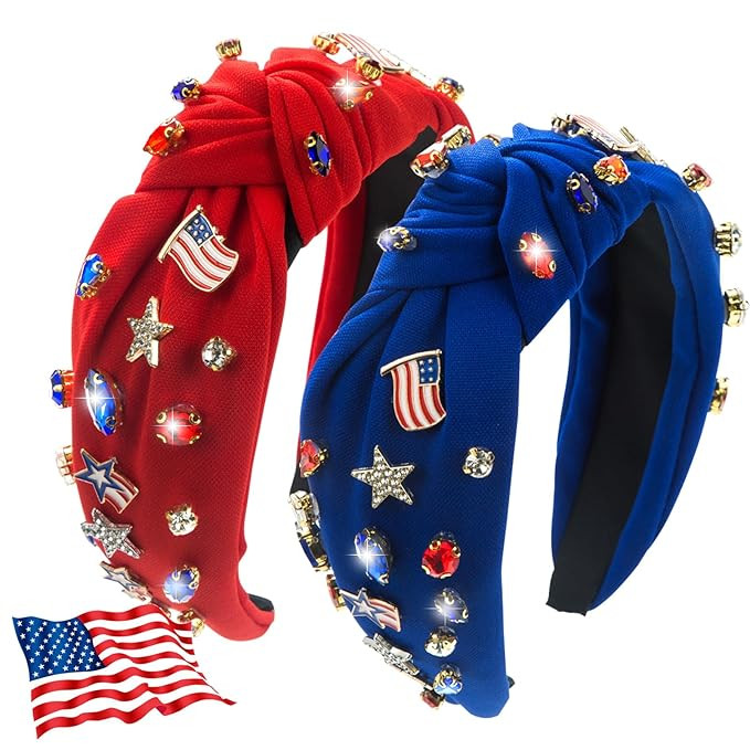 2Pcs 4th of July Headband for Women, Rhinestone Knotted Design with USA Flag Star Hair Hoop, Patr... | Amazon (US)