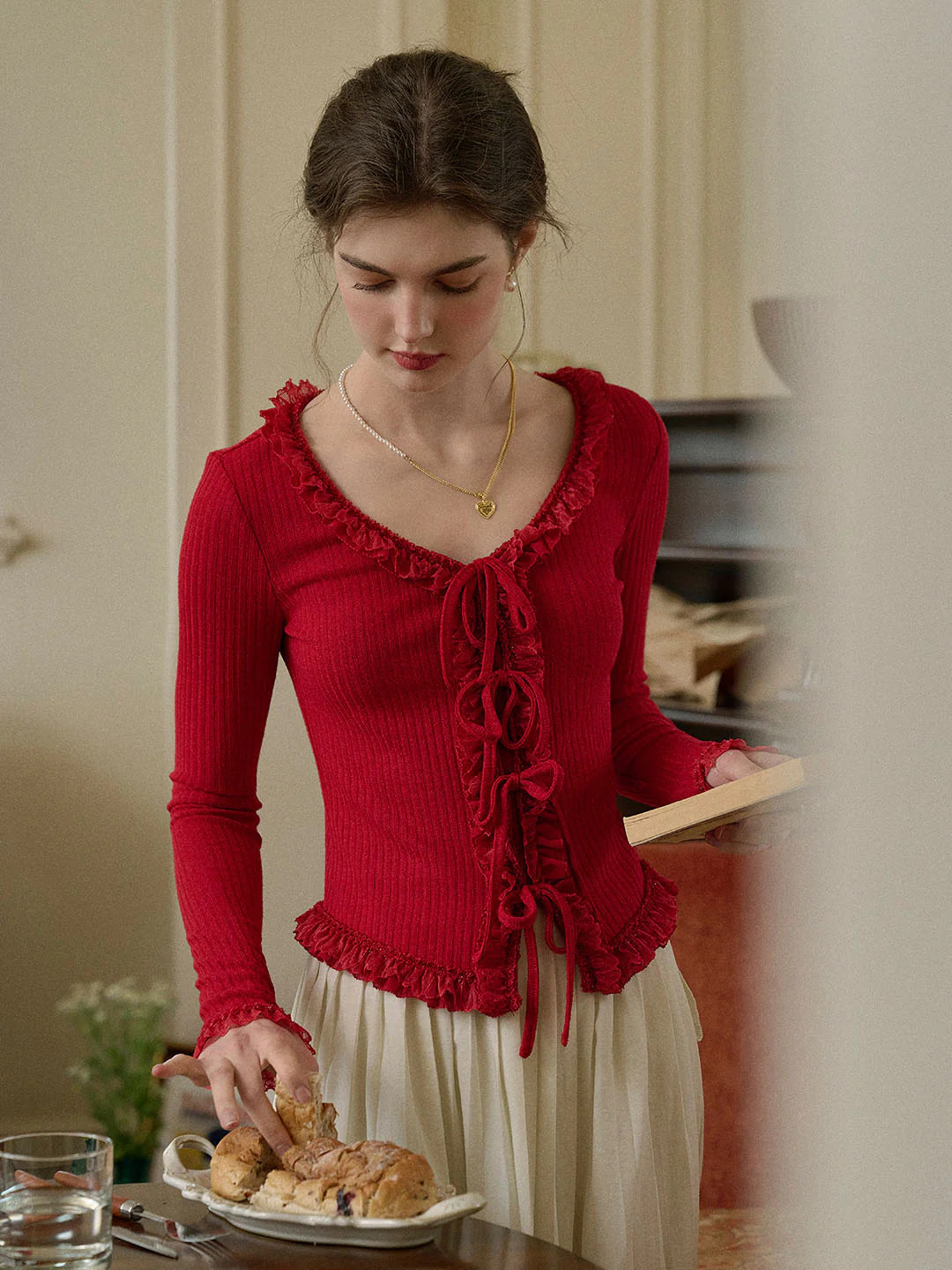 Phoebe U-neck Bow Lace Patchwork Knitted Cardigan | SimpleRetro