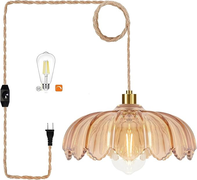 Plug in Pendant Light Hanging Lights with in Cord Mid Century Modern Gold Hanging Lamp Flower Gla... | Amazon (US)
