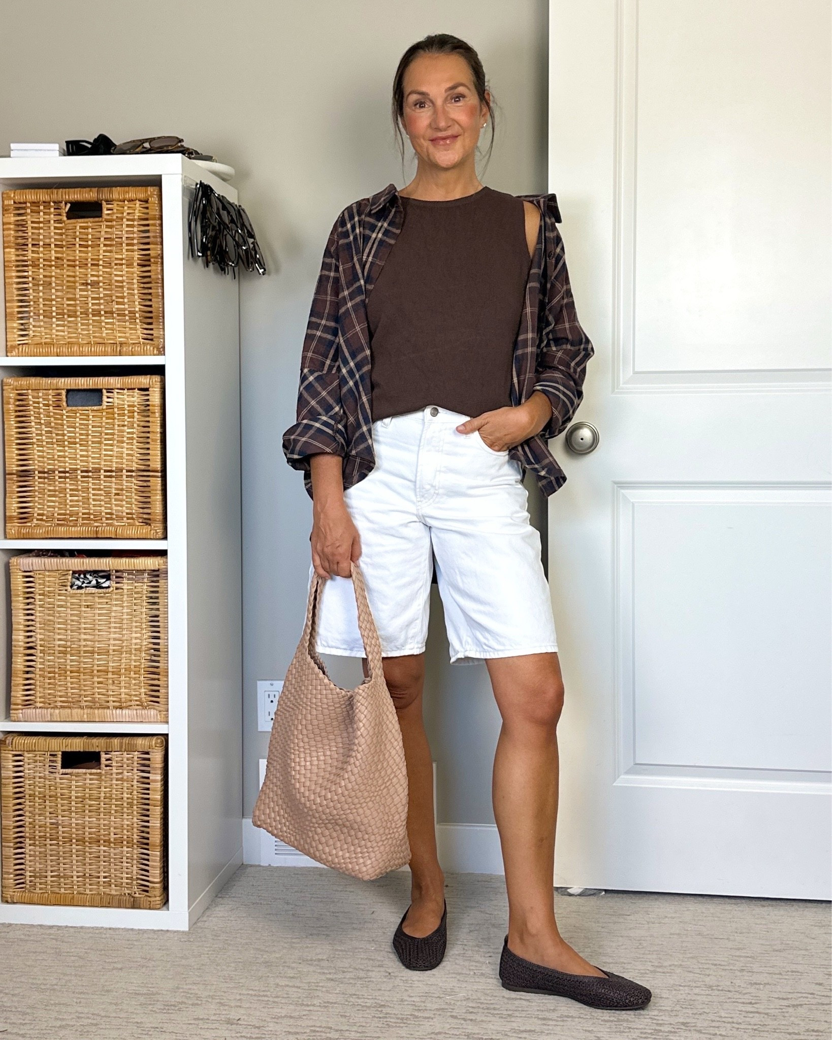 September outfit for when it’s warm but you want to dress for fall.
I’m 5’ 7” wearing my usual size S in the knit tank and 27 in the shorts. Ballet flats fit a little snug, I sized down 1/2 size.
Plaid shirt is old but I linked similar.

#LTKover50style #LTKcanada #LTKfall