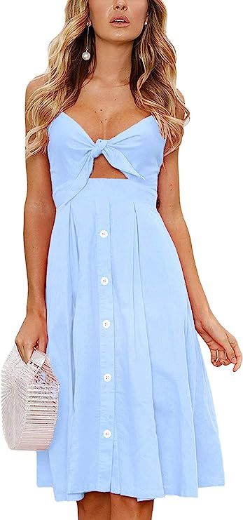 ECOWISH Women Dresses Summer Tie Front V-Neck Spaghetti Strap Button Down A-Line Backless Swing M... | Amazon (US)