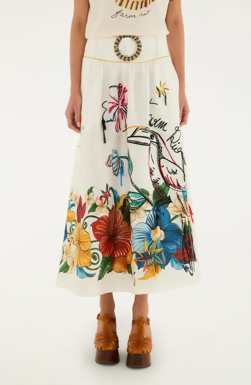 FARM Rio Beaded Floral Linen Maxi Skirt in Tropi Off-White at Nordstrom, Size X-Small | Nordstrom