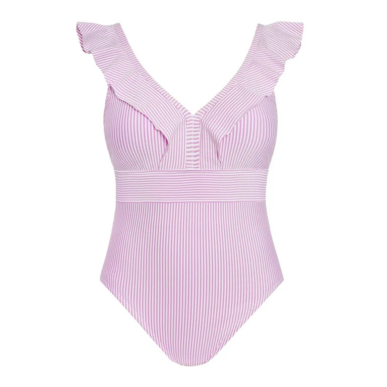Time and Tru Women’s Ruffle Seersucker One Piece Swimsuit, Sizes XS-3X | Walmart (US)