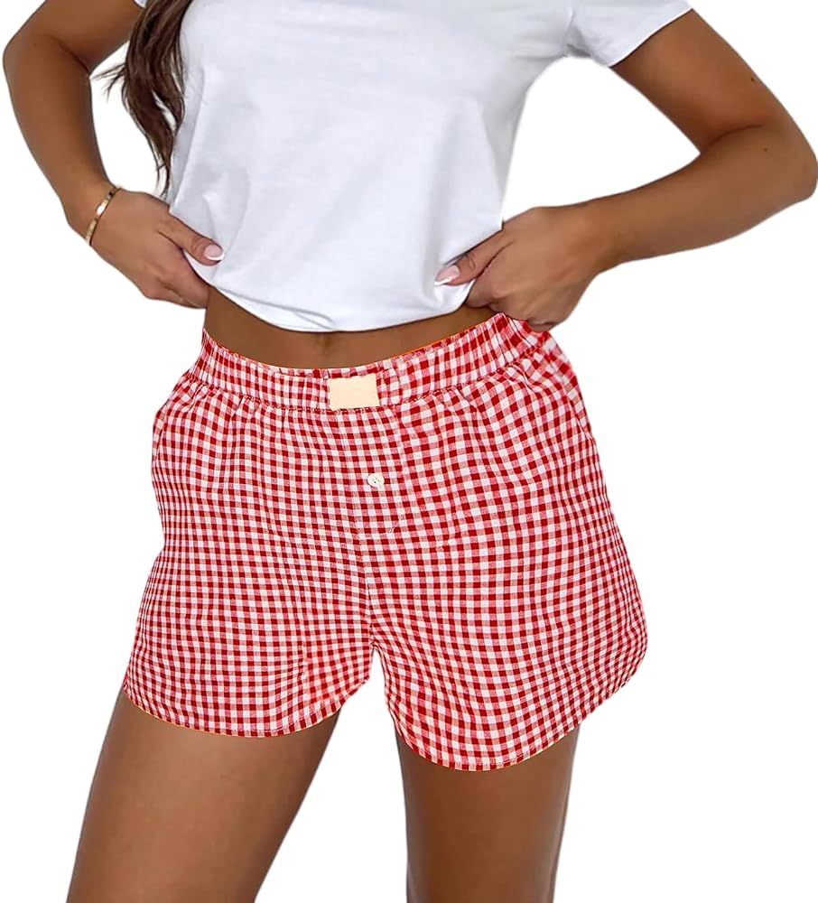 FaroDor Women Lounge Plaid Shorts for Women Y2K Elastic High Waist Wide Leg Gingham Boxer Pajama ... | Amazon (US)