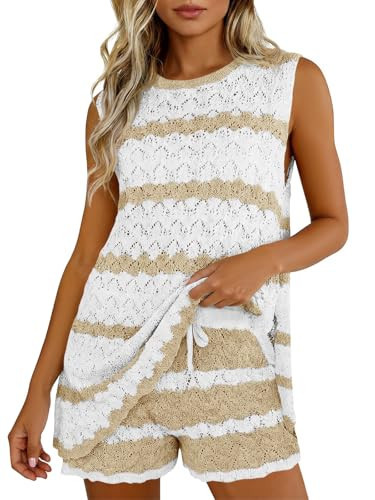 Fisoew Womens Crochet Swimsuit Coverup Sets Sleeveless Tank Tops Drawstring Shorts Sets Summer Beach Vacation Outfit Khaki | Amazon (US)