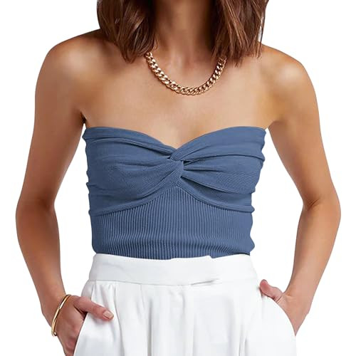 ANRABESS Tube Top for Women Summer Strapless Bandeau Knit Twist Knot Corset Crop Basic Tank Tops 2026 Vacation Beach Clothes X-Small Deep Blue | Amazon (US)