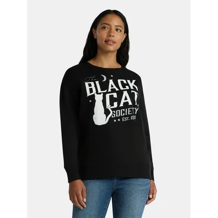 Women's Halloween Black Cat Society Graphic Fleece Sweatshirt from Way to Celebrate, Sizes S-XXXL | Walmart (US)