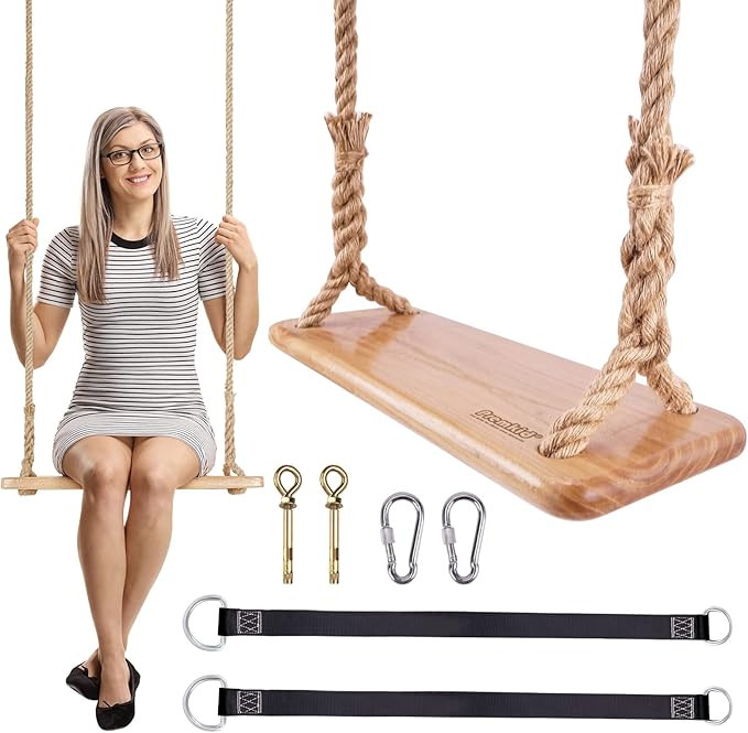 Hanging Wooden Swing, 24"x 8"x 1.2" Tree Swing for Adults and Kids with 500lbs Load, Adjustable H... | Amazon (US)