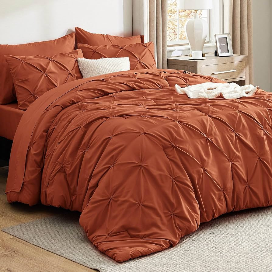 Bedsure Queen Comforter Set Burnt Orange - Bed in a Bag Queen Size 7 Pieces, GentleSoft™ Pintuc... | Amazon (US)