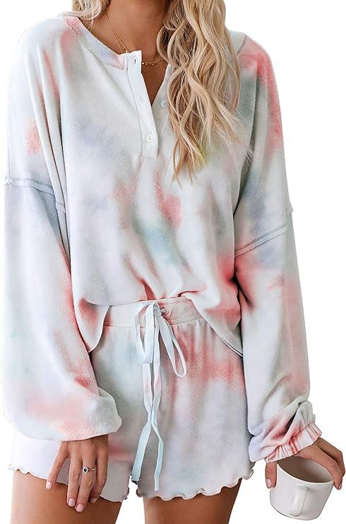 BTFBM Women Pajamas Tie Dye Print Long Sleeve Shirt Elastic Drawstring Shorts Pant PJ Set Sleepwe... | Amazon (US)