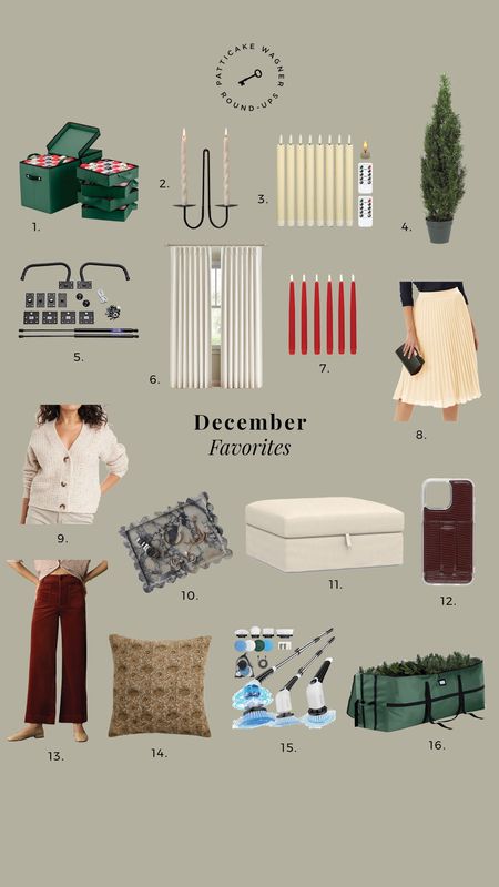 December favorites: what you loved last month. *ornament storage, wall candle sconce, remote control candles, pleated curtains, faux cedar tree, cardigan, murphy bed kit, pleated midi skirt, large fabric storage ottoman, marble scallop tray, corduroy pants, electric scrub brush, iphone case, tree storage, block print pillow 