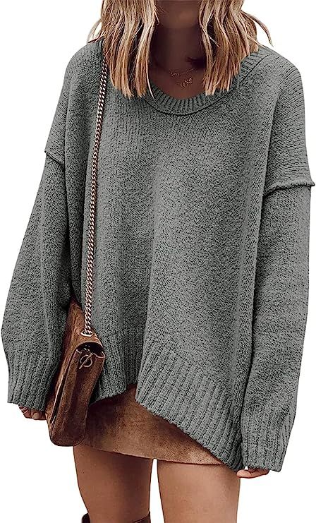 Women's Long Sleeve Oversized Crew Neck Drop Shoulder Solid Color Knit Pullover Sweater Tops 38CH... | Amazon (US)