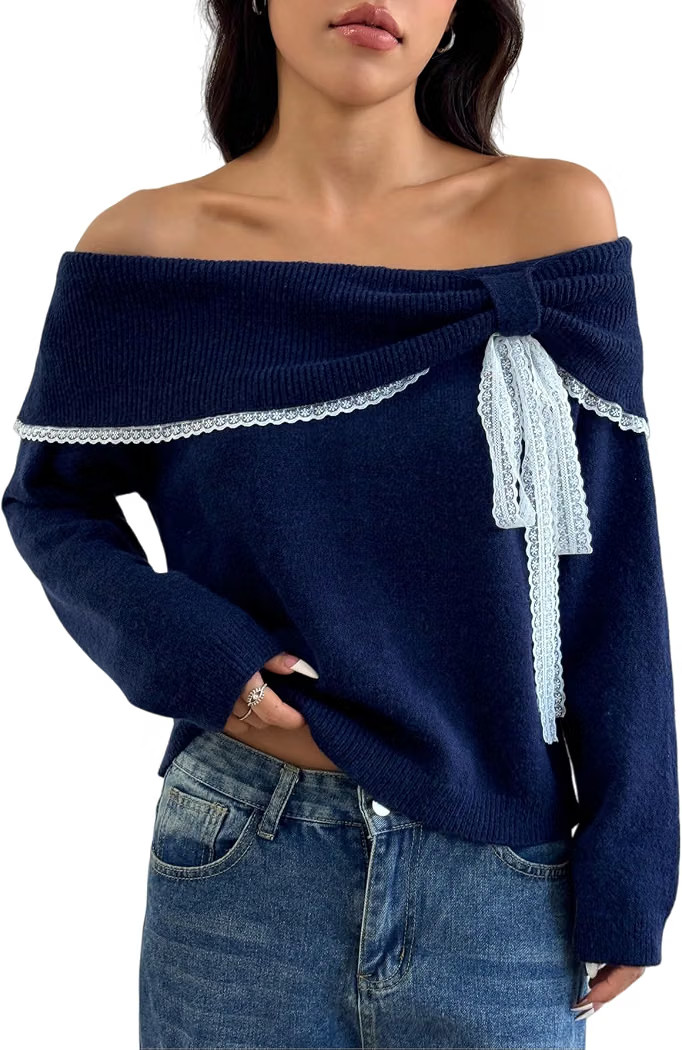 Off The Shoulder Sweater for Women Cute Long Sleeve Sexy Lace Bow Tie Knit Cropped Pullover Sweat... | Amazon (US)