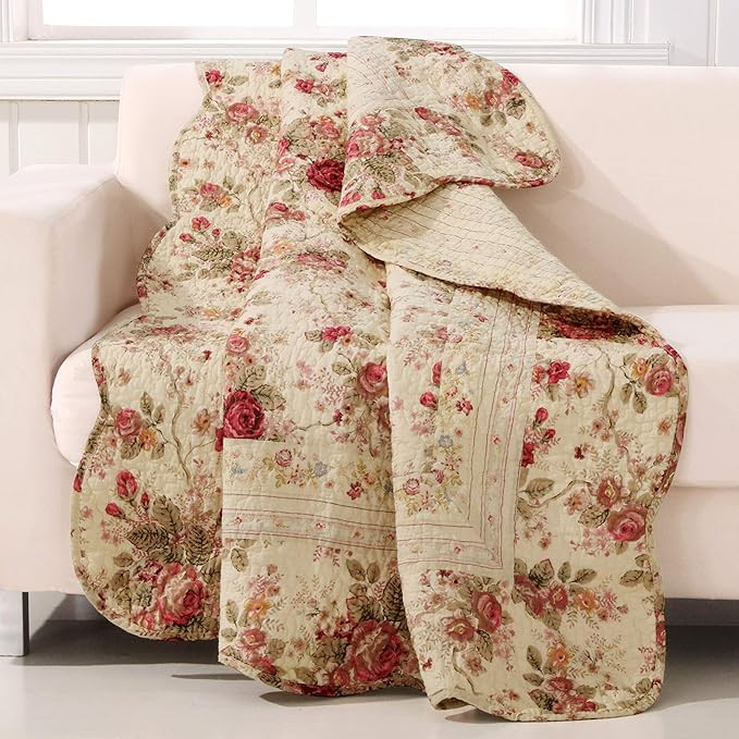 Antique Rose Throw Cream Pink Red Floral French Country Shabby Chic Victorian Cotton Reversible | Amazon (US)