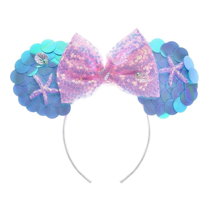 Mouse Ears Headband With Shiny Mermaid Sequins & Bow, for Girls Costume Cosplay Glitter Ocean Par... | Amazon (US)
