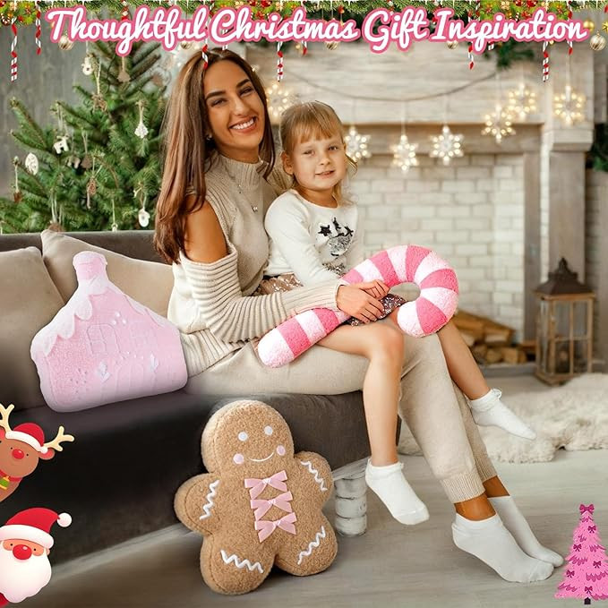 Olgaa 3 Pcs Christmas Pillows Gingerbread Man Pink Candy Cane Gingerbread House Shaped Throw Pill... | Amazon (US)