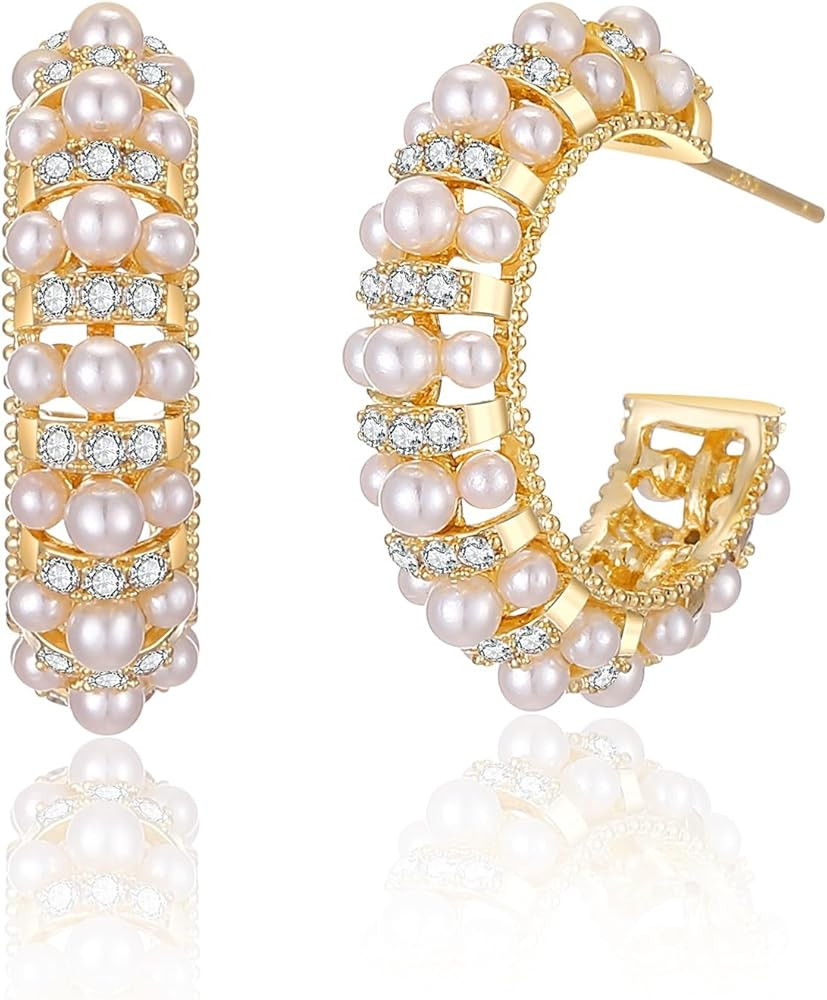 Pearl Hoop Earrings for Women, Trendy 14K Gold Plated Round Pearl Cuff Hoop Earrings Hypoallergen... | Amazon (US)