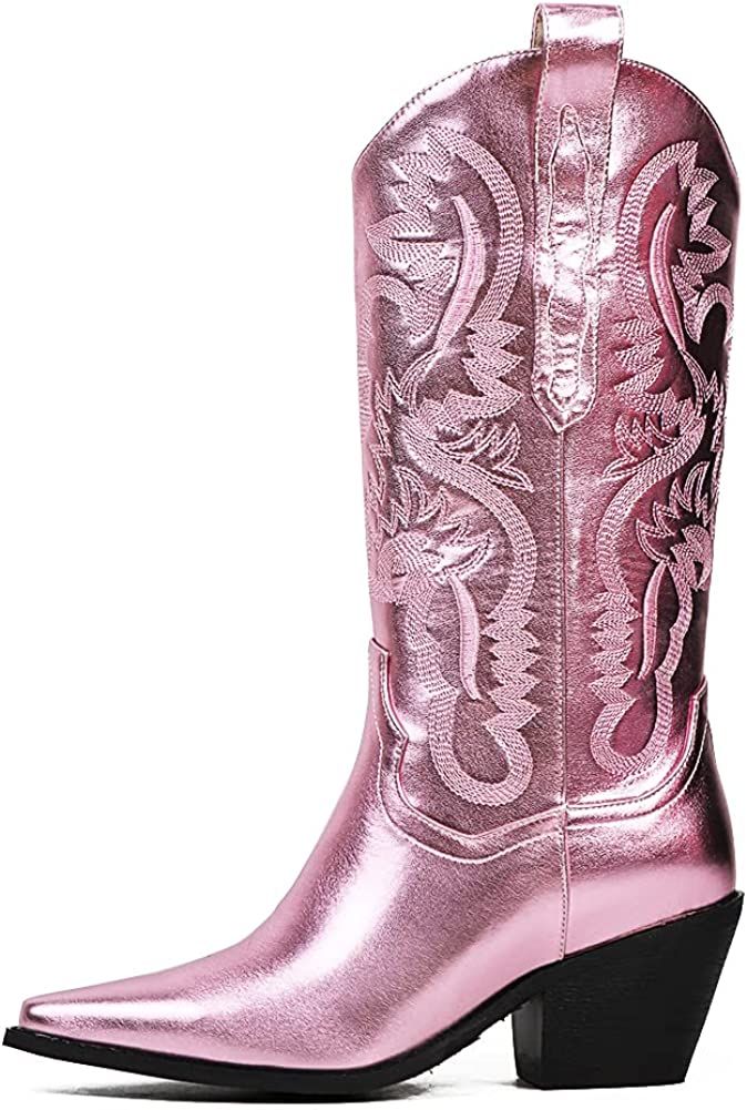 Erocalli Cowgirl Boots Cowboy Boots for Women Western Mid Calf Boots Fashion Retro Pointed Toe Pu... | Amazon (US)