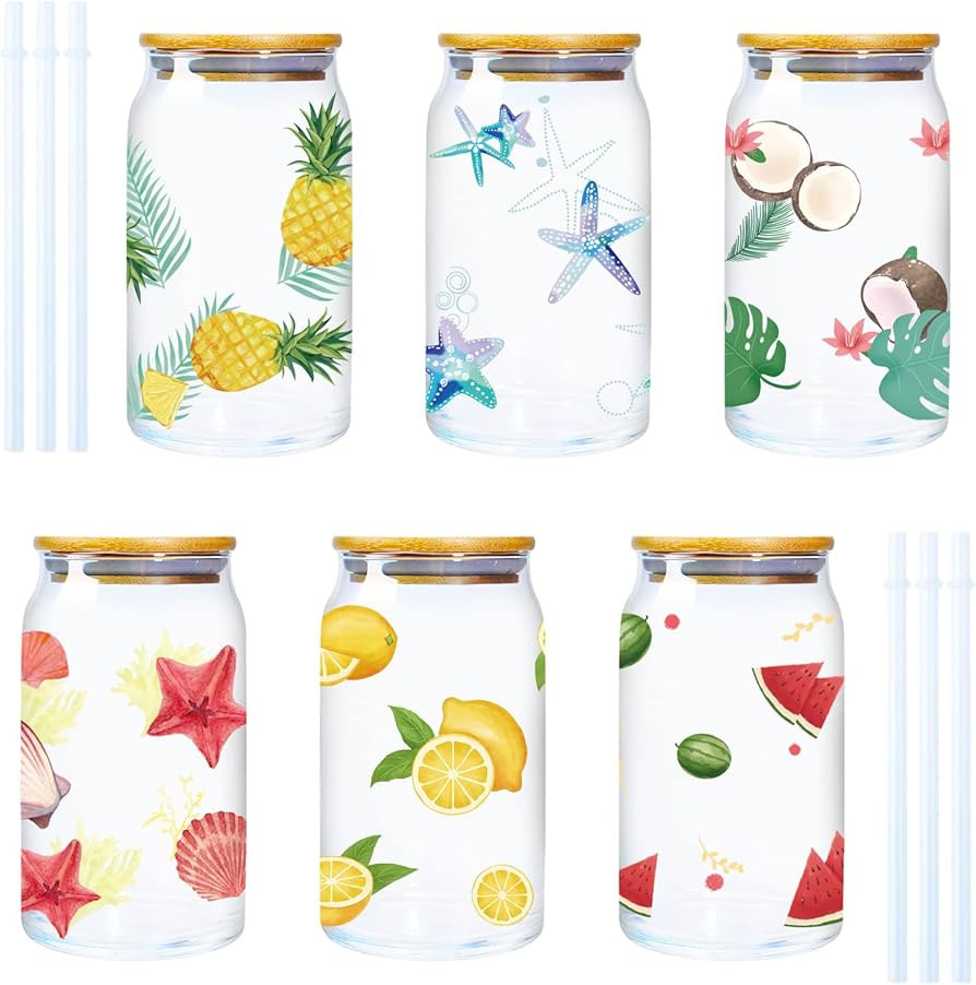 16oz Summer Iced Coffee Cup with Bamboo Lids and Straws, Can Shaped Glass Cups, Beer Can Glass wi... | Amazon (US)