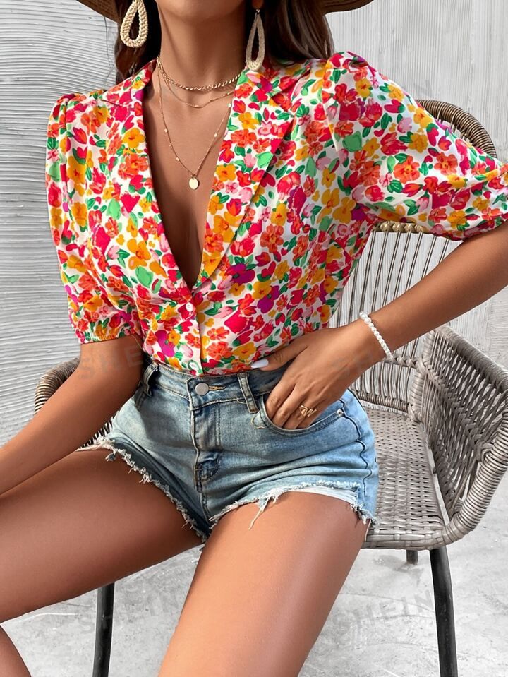 SHEIN VCAY Allover Floral Print Puff Sleeve Shirt | SHEIN