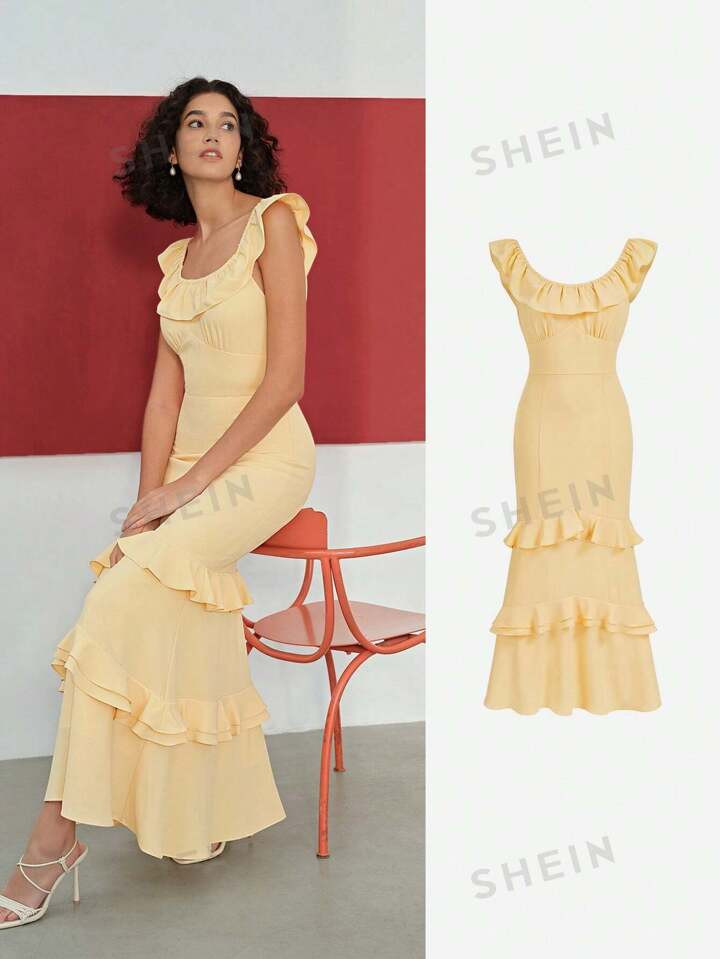 MOTF STUDIO SOLID RUFFLE TRIM LAYERED HEM BUSTIER DRESS | SHEIN