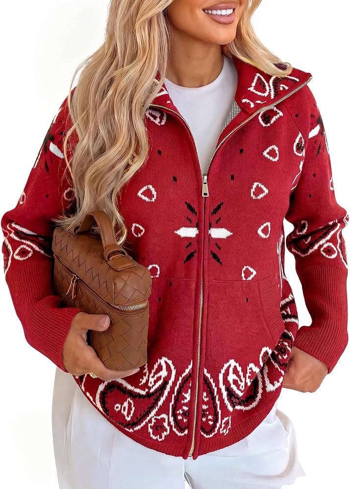 Cicy Bell Women Zip Up Cardigan Sweater Stand Collar Knit Printed Sweater | Amazon (US)