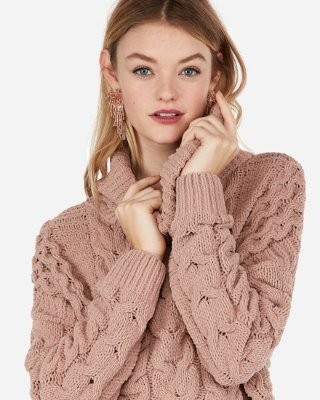 Matte Chenille Cable Knit Cowl Neck Sweater | Express
