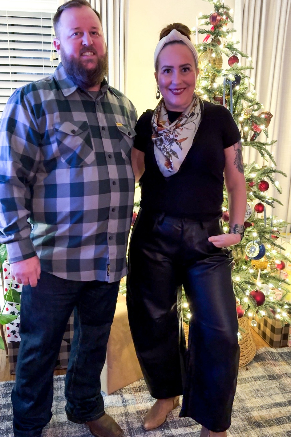 Free People Leather Barrel Jeans with basic black tee, silk scarf, Anthropologie knot headband and Steve Madden booties. Husband: Dixxon Flannel with Levi’s and Justin boots. (Not linkable) 
Size down in FP barrel jeans. Wearing a 29 normally a 30. 
Free People spend $150 get $100 coupon in mail. (See website for details) 
Christmas party fit. 


#LTKHoliday #LTKstyletip #LTKover40