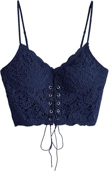 Romwe Women's Eyelet Lace Up Sleeveless Spaghetti Strap Zip Back Crop Camisole Cami Top Vest | Amazon (US)