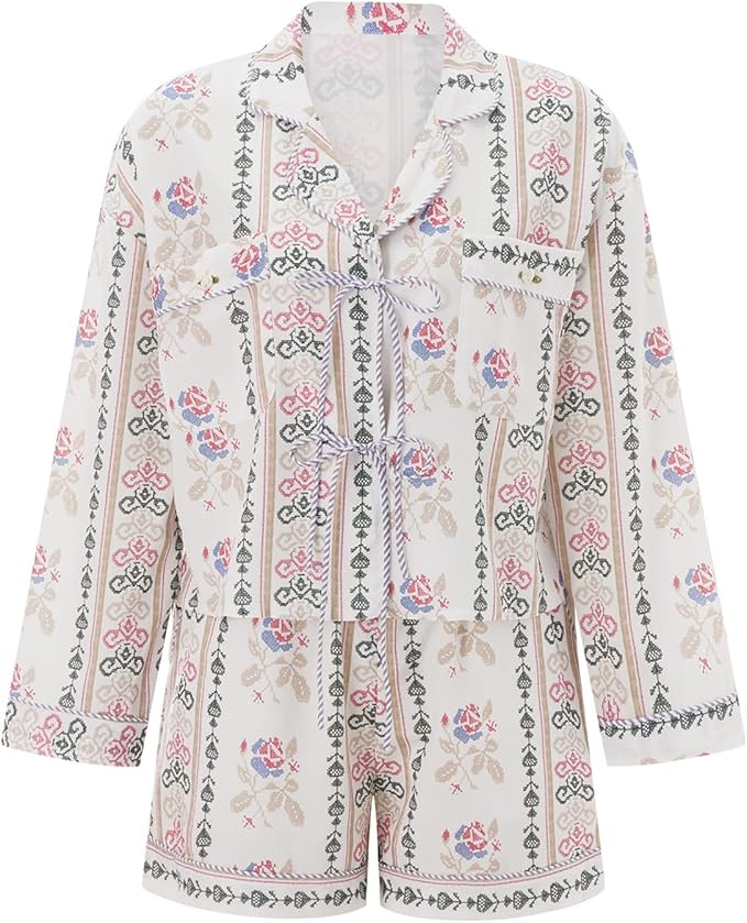 Thopavenoir Women Casual Lounge Set 2 Piece Pj Set 3/4 Sleeve Floral Printing Tie Front Shirt Hig... | Amazon (US)