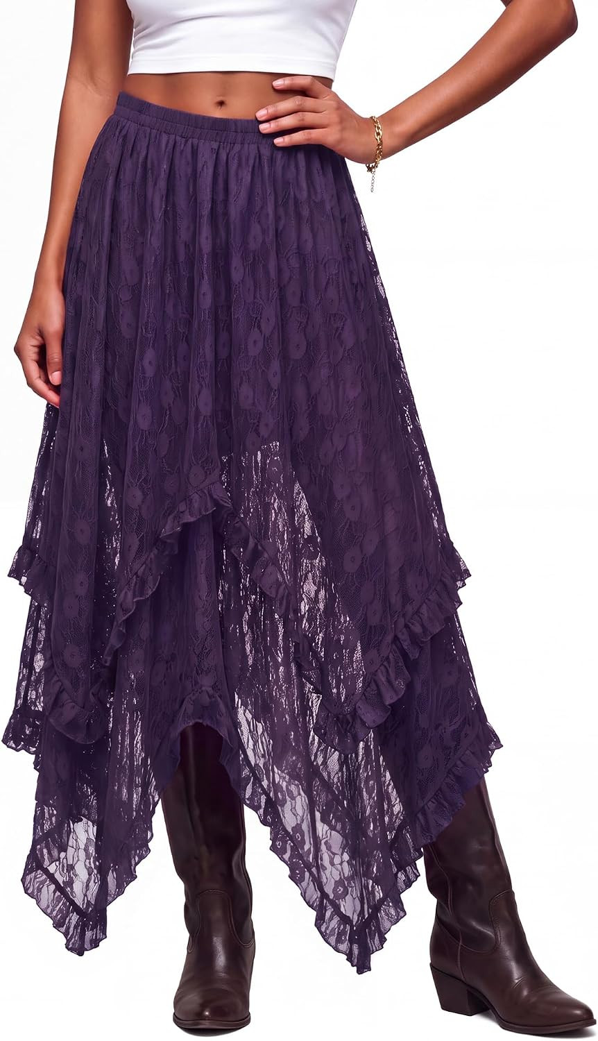 Scarlet Darkness Lace Skirt for Women Asymmetrical Flowy Boho Maxi Skirts | Amazon (US)