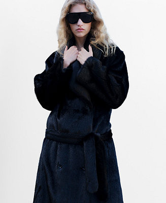 Women's Fur-Effect Belt Coat | Macy's
