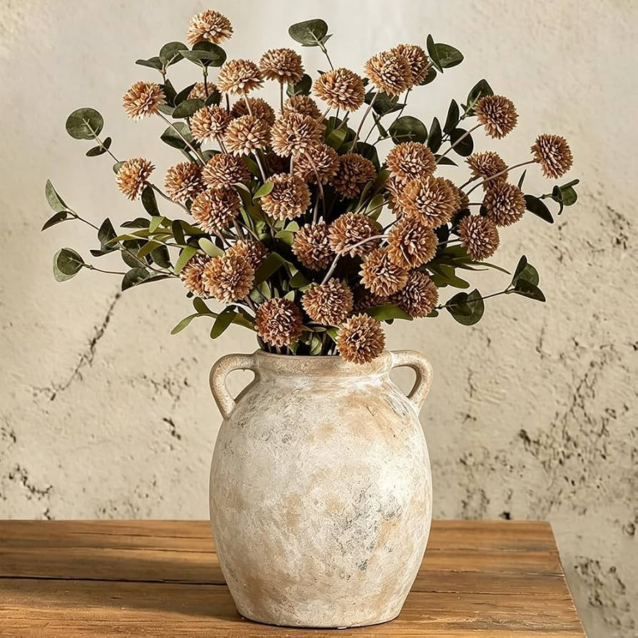 LESING Faux Flowers for Vase 12 Stems Faux Silk Mums with Eucalyptus | Amazon (US)