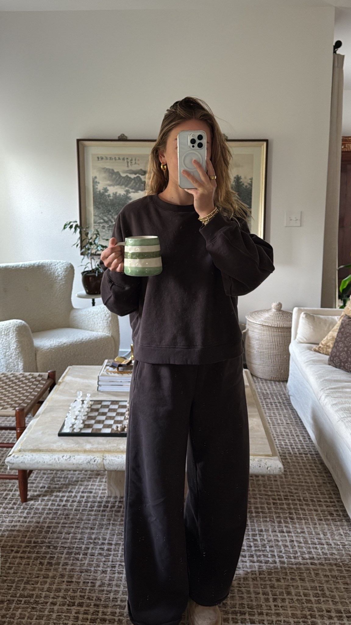 9/29/25 Slow morning uniform ☁️ Cozying up in my Gap brown lounge set (sweatshirt + matching sweatpants) with coffee in my striped green mug from Anthropologie. The perfect cozy combo for fall mornings at home. ✨

#LTKStyleTip #LTKFindsUnder100