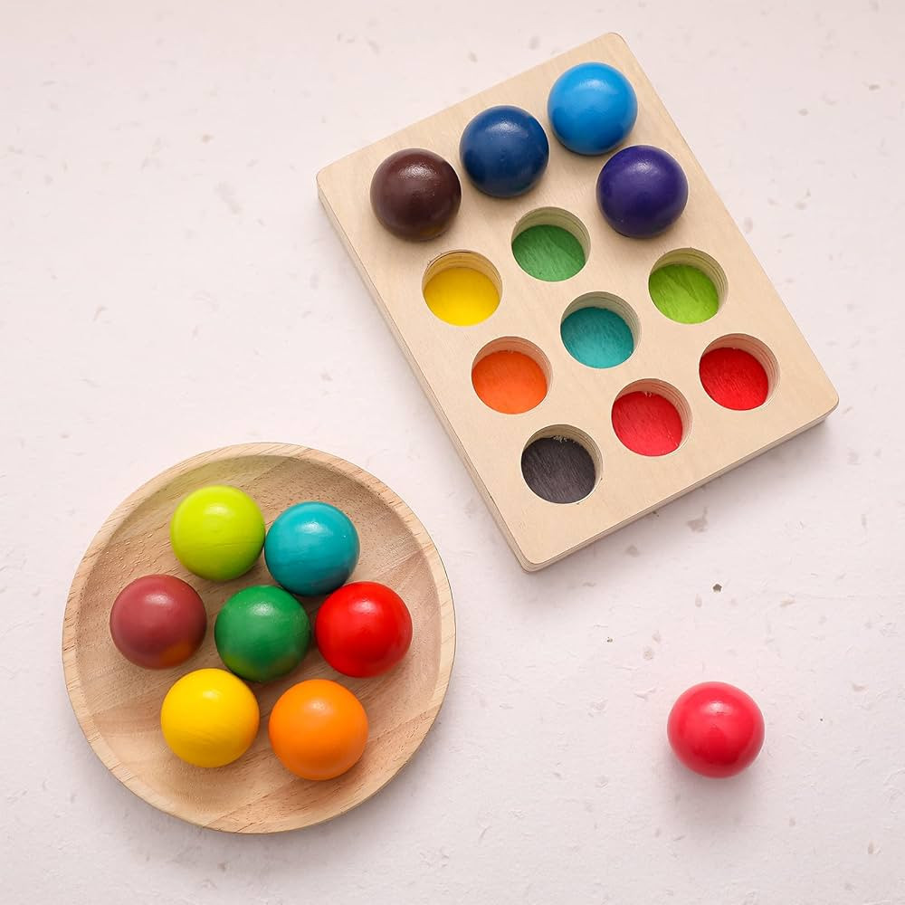 ibwaae Wooden Color Sorting Balls Game Peg Board Rainbow Color Matching Toys 12 Pcs Activities Ba... | Amazon (US)