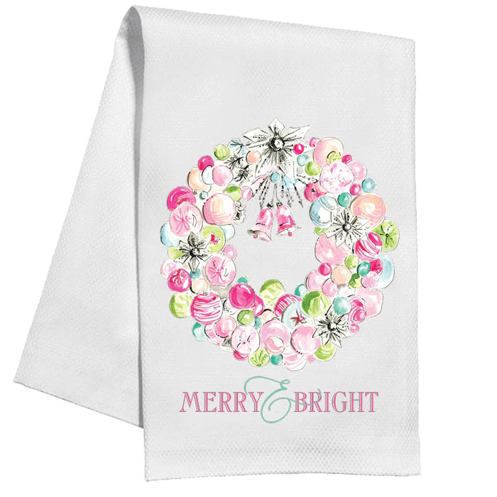 Merry & Bright Vintage Ornament Wreath Kitchen Towel | Rosanne Beck Collections