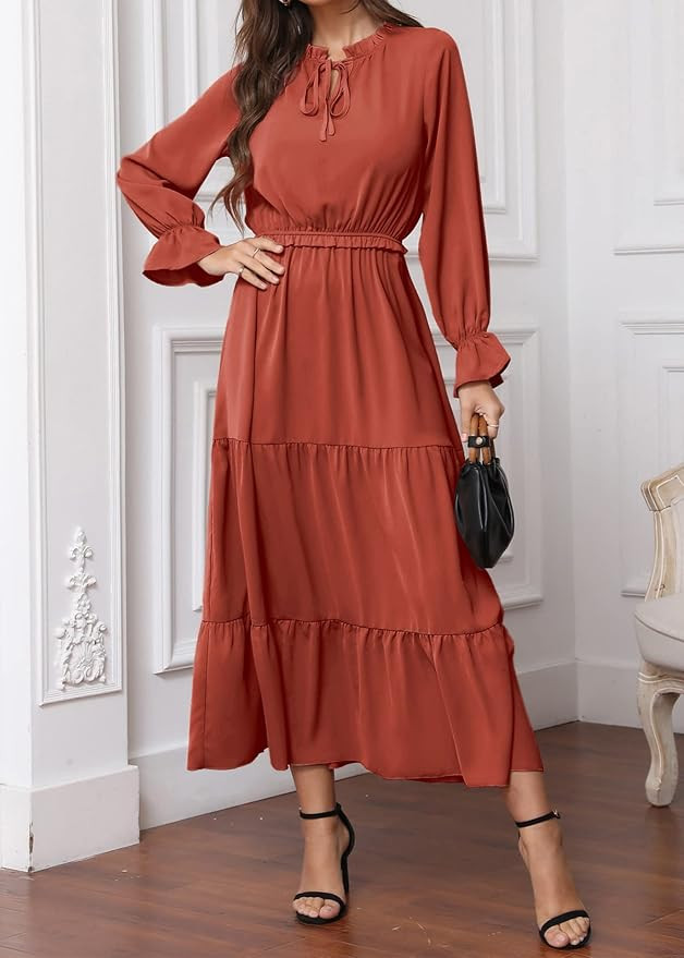 KIRUNDO Women's 2023 Fall Long Sleeve Tie Crew Neck Maxi Dress Casual Empire Waist Boho Ruffle Fl... | Amazon (US)