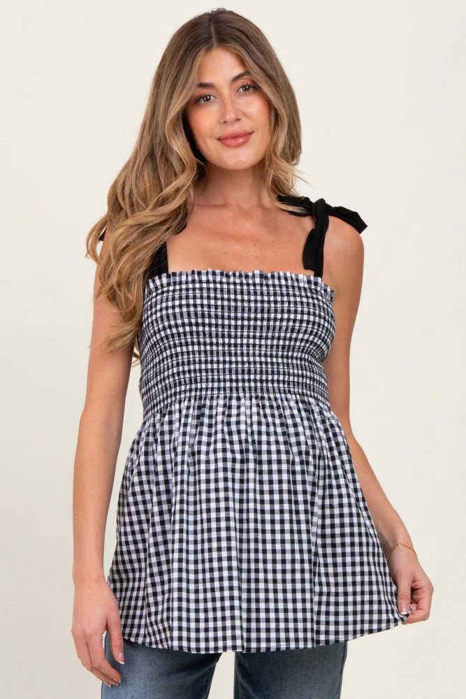 Black Gingham Smocked Shoulder Tie Maternity Top | PinkBlush Maternity
