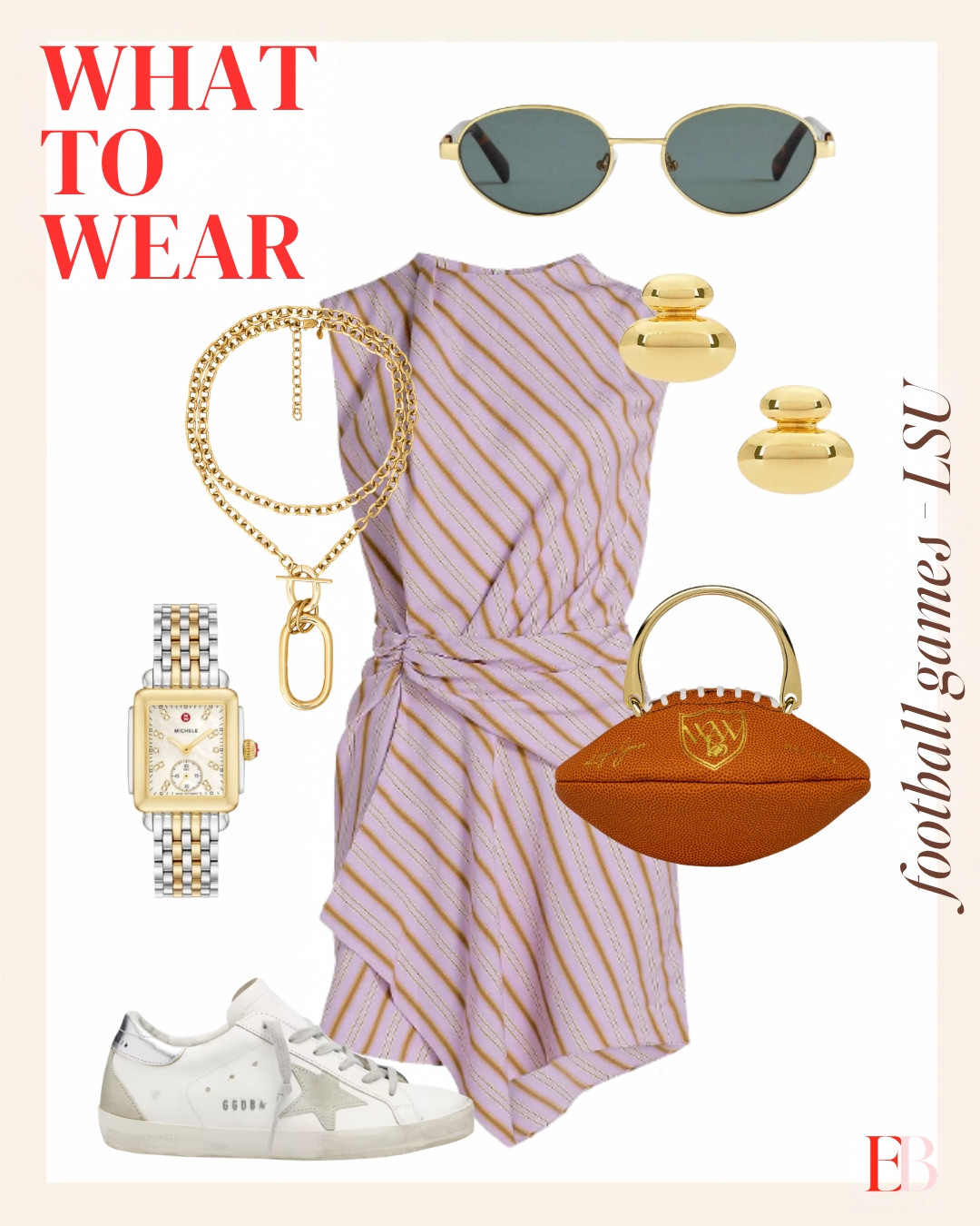 Purple and gold, just quieter about it. A twist-front dress, clean sneakers, and a football bag with a sense of humor. Easy to wear from tailgate to fourth quarter. 

 #lsu #football #college #gameday #LTKootd