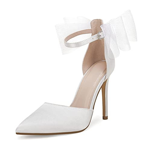 Coutgo Women's Closed Pointed Toe High Heels with Bow Knot Ankle Strap Satin Stiletto Pumps Beige | Amazon (US)