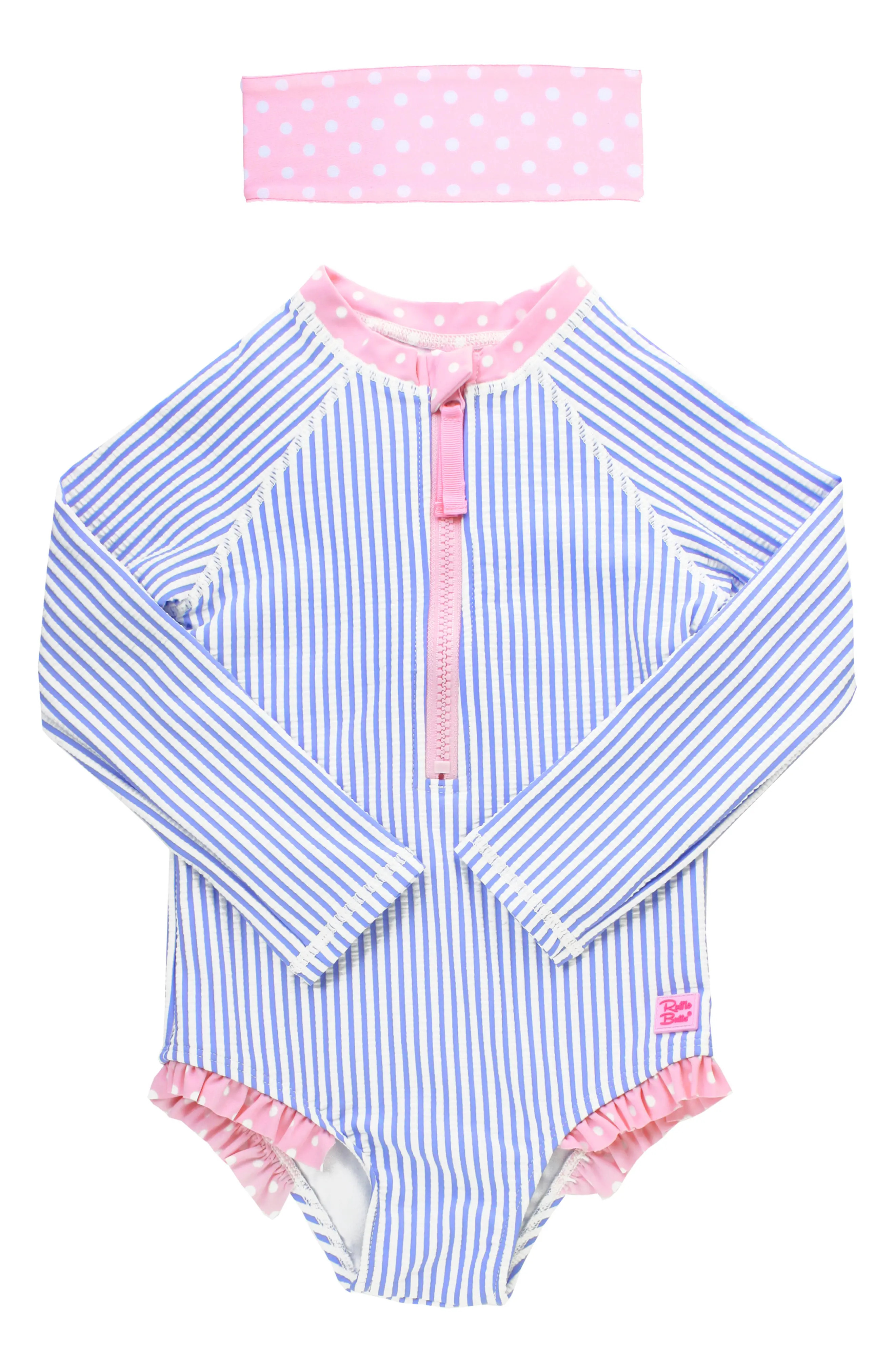 Girl's Rufflebutts Seersucker One-Piece Rashguard Swimsuit & Head Wrap Set | Nordstrom
