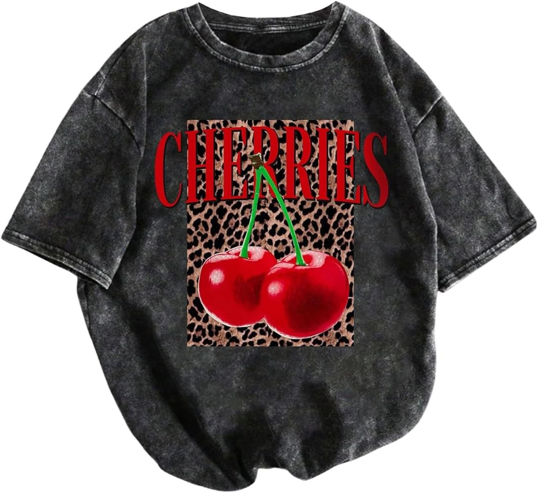 SHENHE Women's Washed T-Shirt Short Sleeve Leopard Cherry Graphic Tees Vintage Crew Neck Shirts | Amazon (US)
