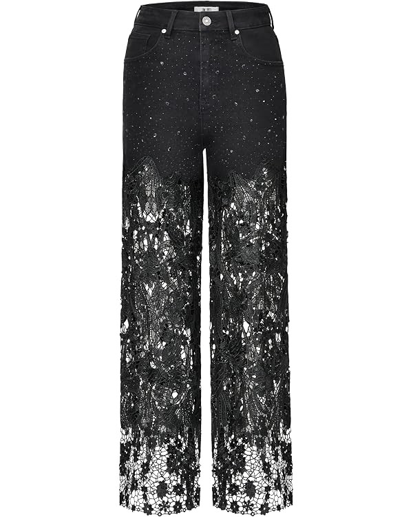 JW PEI Women's Embroidery High Rise Wide Leg Lace Denim Jeans with Rhinestone | Amazon (US)